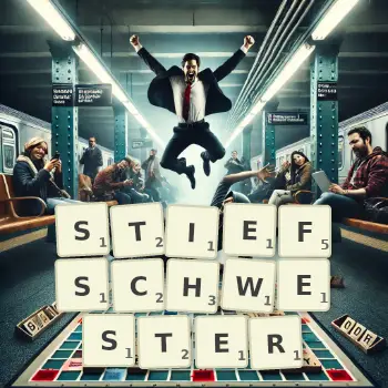 Kreative Illustration für ein Scrabble-Spiel, bei dem das Wort STIEFSCHWESTER mit Steinen auf dem Brett gelegt wurde.