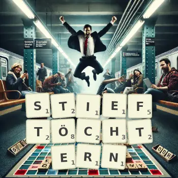 Kreative Illustration für ein Scrabble-Spiel, bei dem das Wort STIEFTÖCHTERN mit Steinen auf dem Brett gelegt wurde.