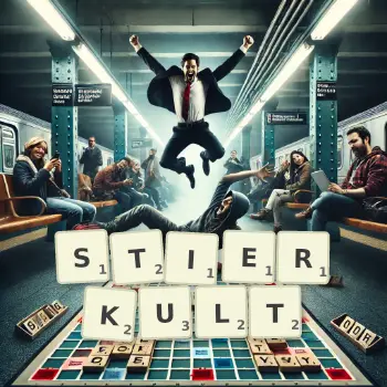 Kreative Illustration für ein Scrabble-Spiel, bei dem das Wort STIERKULT mit Steinen auf dem Brett gelegt wurde.