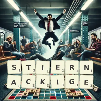 Kreative Illustration für ein Scrabble-Spiel, bei dem das Wort STIERNACKIGE mit Steinen auf dem Brett gelegt wurde.