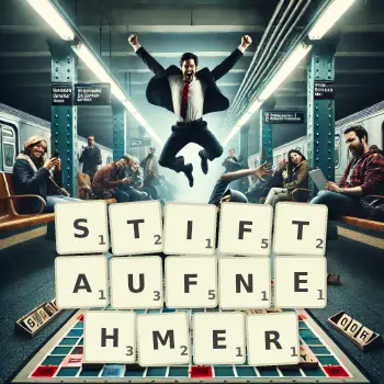 Kreative Illustration für ein Scrabble-Spiel, bei dem das Wort STIFTAUFNEHMER mit Steinen auf dem Brett gelegt wurde.