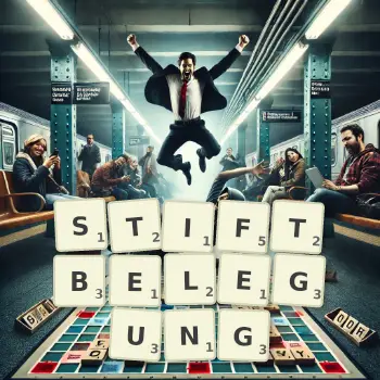 Kreative Illustration für ein Scrabble-Spiel, bei dem das Wort STIFTBELEGUNG mit Steinen auf dem Brett gelegt wurde.