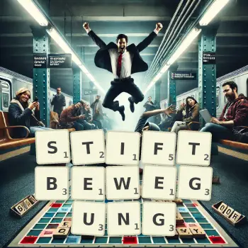 Kreative Illustration für ein Scrabble-Spiel, bei dem das Wort STIFTBEWEGUNG mit Steinen auf dem Brett gelegt wurde.