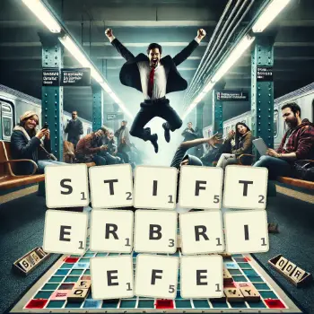 Kreative Illustration für ein Scrabble-Spiel, bei dem das Wort STIFTERBRIEFE mit Steinen auf dem Brett gelegt wurde.