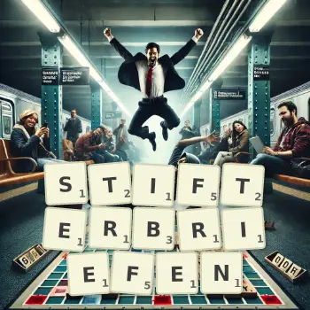 Kreative Illustration für ein Scrabble-Spiel, bei dem das Wort STIFTERBRIEFEN mit Steinen auf dem Brett gelegt wurde.