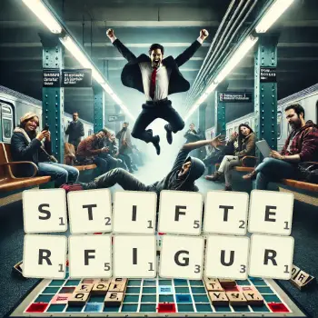 Kreative Illustration für ein Scrabble-Spiel, bei dem das Wort STIFTERFIGUR mit Steinen auf dem Brett gelegt wurde.