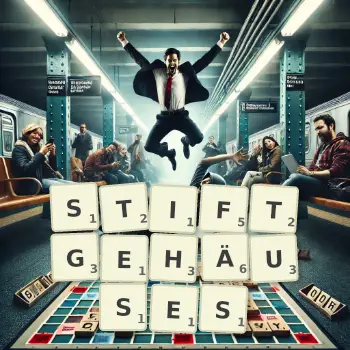 Kreative Illustration für ein Scrabble-Spiel, bei dem das Wort STIFTGEHÄUSES mit Steinen auf dem Brett gelegt wurde.