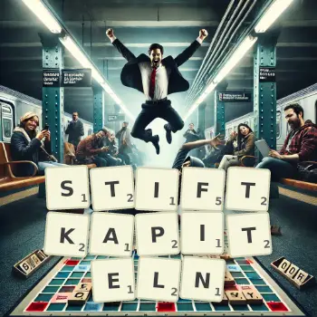 Kreative Illustration für ein Scrabble-Spiel, bei dem das Wort STIFTKAPITELN mit Steinen auf dem Brett gelegt wurde.