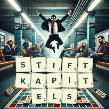 Kreative Illustration für ein Scrabble-Spiel, bei dem das Wort STIFTKAPITELS mit Steinen auf dem Brett gelegt wurde.