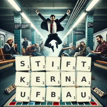 Kreative Illustration für ein Scrabble-Spiel, bei dem das Wort STIFTKERNAUFBAU mit Steinen auf dem Brett gelegt wurde.