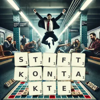 Kreative Illustration für ein Scrabble-Spiel, bei dem das Wort STIFTKONTAKTE mit Steinen auf dem Brett gelegt wurde.