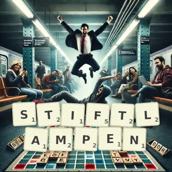 Kreative Illustration für ein Scrabble-Spiel, bei dem das Wort STIFTLAMPEN mit Steinen auf dem Brett gelegt wurde.