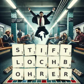 Kreative Illustration für ein Scrabble-Spiel, bei dem das Wort STIFTLOCHBOHRER mit Steinen auf dem Brett gelegt wurde.