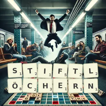 Kreative Illustration für ein Scrabble-Spiel, bei dem das Wort STIFTLÖCHERN mit Steinen auf dem Brett gelegt wurde.