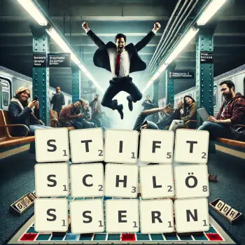 Kreative Illustration für ein Scrabble-Spiel, bei dem das Wort STIFTSCHLÖSSERN mit Steinen auf dem Brett gelegt wurde.
