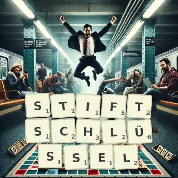Kreative Illustration für ein Scrabble-Spiel, bei dem das Wort STIFTSCHLÜSSEL mit Steinen auf dem Brett gelegt wurde.