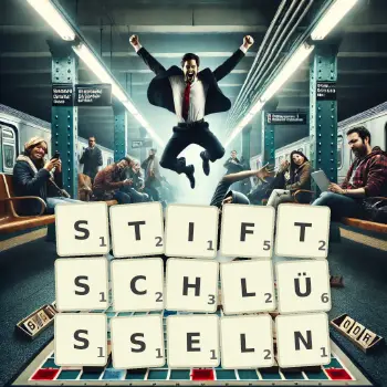Kreative Illustration für ein Scrabble-Spiel, bei dem das Wort STIFTSCHLÜSSELN mit Steinen auf dem Brett gelegt wurde.