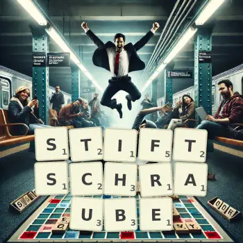 Kreative Illustration für ein Scrabble-Spiel, bei dem das Wort STIFTSCHRAUBE mit Steinen auf dem Brett gelegt wurde.