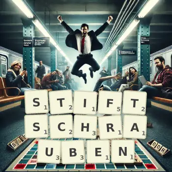 Kreative Illustration für ein Scrabble-Spiel, bei dem das Wort STIFTSCHRAUBEN mit Steinen auf dem Brett gelegt wurde.