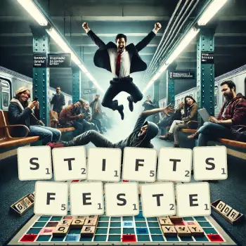 Kreative Illustration für ein Scrabble-Spiel, bei dem das Wort STIFTSFESTE mit Steinen auf dem Brett gelegt wurde.
