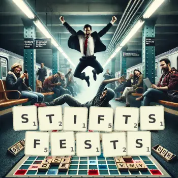 Kreative Illustration für ein Scrabble-Spiel, bei dem das Wort STIFTSFESTS mit Steinen auf dem Brett gelegt wurde.