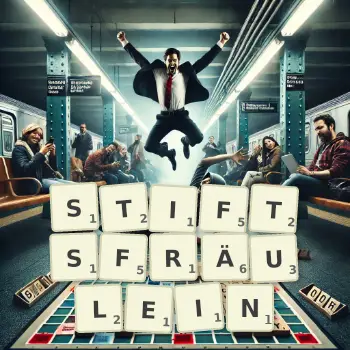 Kreative Illustration für ein Scrabble-Spiel, bei dem das Wort STIFTSFRÄULEIN mit Steinen auf dem Brett gelegt wurde.
