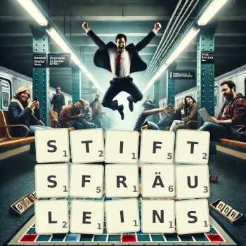Kreative Illustration für ein Scrabble-Spiel, bei dem das Wort STIFTSFRÄULEINS mit Steinen auf dem Brett gelegt wurde.