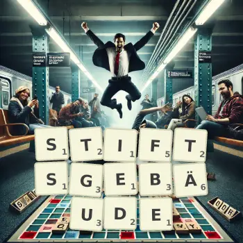 Kreative Illustration für ein Scrabble-Spiel, bei dem das Wort STIFTSGEBÄUDE mit Steinen auf dem Brett gelegt wurde.