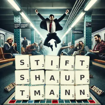 Kreative Illustration für ein Scrabble-Spiel, bei dem das Wort STIFTSHAUPTMANN mit Steinen auf dem Brett gelegt wurde.
