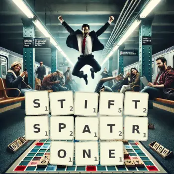 Kreative Illustration für ein Scrabble-Spiel, bei dem das Wort STIFTSPATRONE mit Steinen auf dem Brett gelegt wurde.