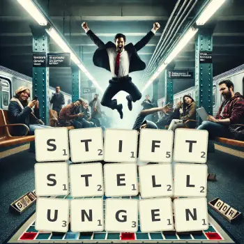 Kreative Illustration für ein Scrabble-Spiel, bei dem das Wort STIFTSTELLUNGEN mit Steinen auf dem Brett gelegt wurde.