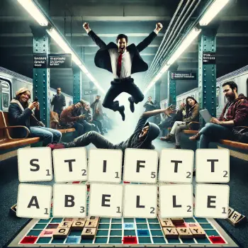 Kreative Illustration für ein Scrabble-Spiel, bei dem das Wort STIFTTABELLE mit Steinen auf dem Brett gelegt wurde.