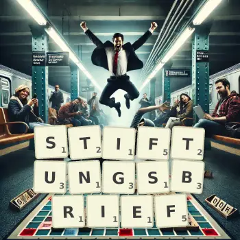 Kreative Illustration für ein Scrabble-Spiel, bei dem das Wort STIFTUNGSBRIEF mit Steinen auf dem Brett gelegt wurde.