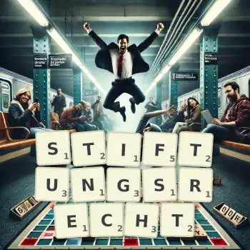 Kreative Illustration für ein Scrabble-Spiel, bei dem das Wort STIFTUNGSRECHT mit Steinen auf dem Brett gelegt wurde.
