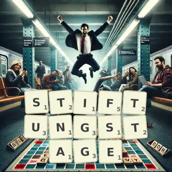 Kreative Illustration für ein Scrabble-Spiel, bei dem das Wort STIFTUNGSTAGE mit Steinen auf dem Brett gelegt wurde.