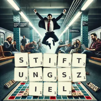 Kreative Illustration für ein Scrabble-Spiel, bei dem das Wort STIFTUNGSZIEL mit Steinen auf dem Brett gelegt wurde.