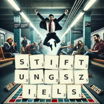 Kreative Illustration für ein Scrabble-Spiel, bei dem das Wort STIFTUNGSZIELS mit Steinen auf dem Brett gelegt wurde.
