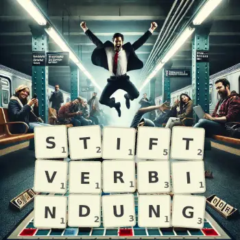 Kreative Illustration für ein Scrabble-Spiel, bei dem das Wort STIFTVERBINDUNG mit Steinen auf dem Brett gelegt wurde.