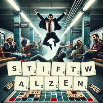 Kreative Illustration für ein Scrabble-Spiel, bei dem das Wort STIFTWALZEN mit Steinen auf dem Brett gelegt wurde.