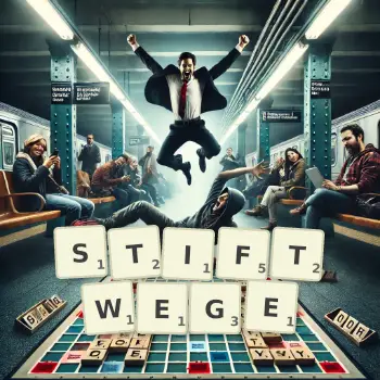 Kreative Illustration für ein Scrabble-Spiel, bei dem das Wort STIFTWEGE mit Steinen auf dem Brett gelegt wurde.