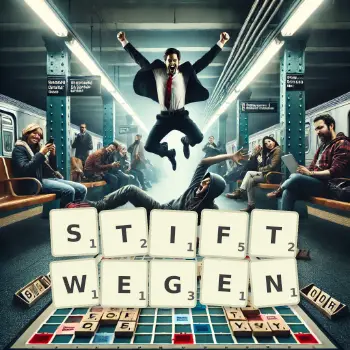 Kreative Illustration für ein Scrabble-Spiel, bei dem das Wort STIFTWEGEN mit Steinen auf dem Brett gelegt wurde.