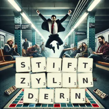 Kreative Illustration für ein Scrabble-Spiel, bei dem das Wort STIFTZYLINDERN mit Steinen auf dem Brett gelegt wurde.