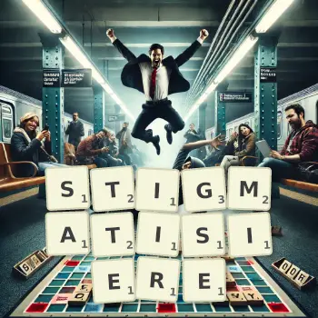 Kreative Illustration für ein Scrabble-Spiel, bei dem das Wort STIGMATISIERE mit Steinen auf dem Brett gelegt wurde.