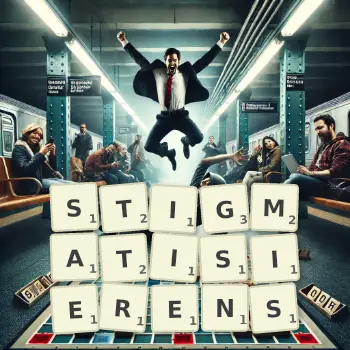 Kreative Illustration für ein Scrabble-Spiel, bei dem das Wort STIGMATISIERENS mit Steinen auf dem Brett gelegt wurde.