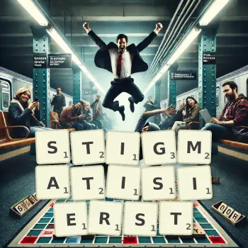Kreative Illustration für ein Scrabble-Spiel, bei dem das Wort STIGMATISIERST mit Steinen auf dem Brett gelegt wurde.