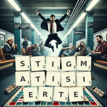 Kreative Illustration für ein Scrabble-Spiel, bei dem das Wort STIGMATISIERTE mit Steinen auf dem Brett gelegt wurde.
