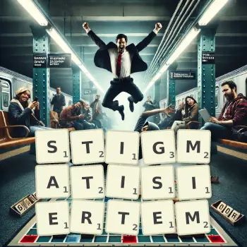 Kreative Illustration für ein Scrabble-Spiel, bei dem das Wort STIGMATISIERTEM mit Steinen auf dem Brett gelegt wurde.