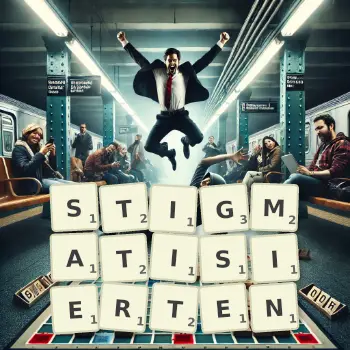 Kreative Illustration für ein Scrabble-Spiel, bei dem das Wort STIGMATISIERTEN mit Steinen auf dem Brett gelegt wurde.