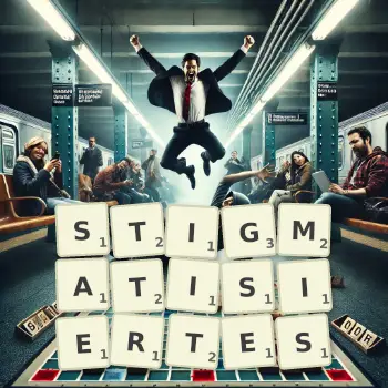 Kreative Illustration für ein Scrabble-Spiel, bei dem das Wort STIGMATISIERTES mit Steinen auf dem Brett gelegt wurde.