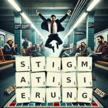 Kreative Illustration für ein Scrabble-Spiel, bei dem das Wort STIGMATISIERUNG mit Steinen auf dem Brett gelegt wurde.